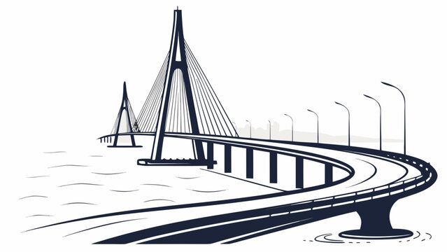 Illustration of a cable stayed bridge with curved road and street lights in monochrome style view created with generated ai