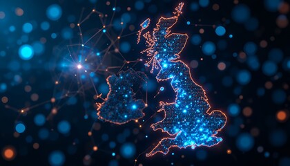 Digital representation of united kingdom map with glowing network connections and data points