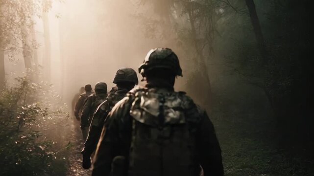 A squad of soldiers in camouflage gear march along a sunlit forest path, backpacks and helmets visible.