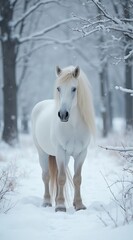 A slender white horse stands on a snow-covered forest path surrounded by fluffy fir trees and soft frost. Winter fairy tale, nature and serenity