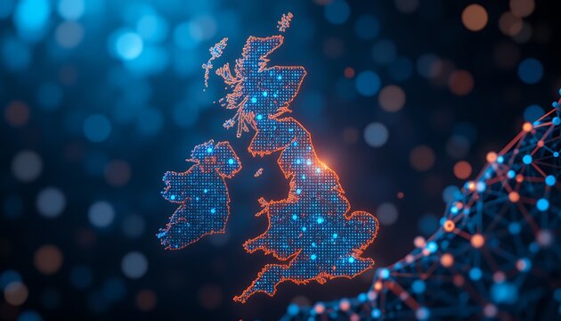 Digital representation of united kingdom illuminated by interconnected network points on dark