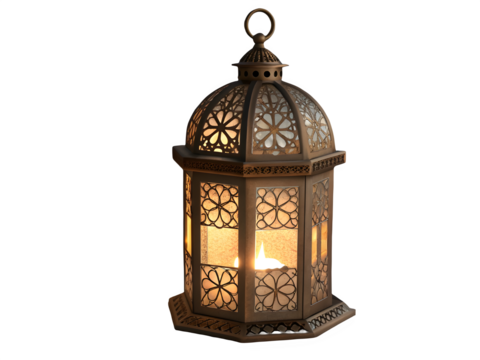 An ornate metal lantern with a warm glowing light inside