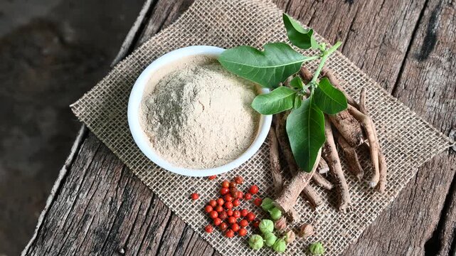 Withania Somnifera, Ashwagandha, Indian Ginseng, Poison Gooseberry or Winter Cherry on the wooden Background. Medicinal Herb