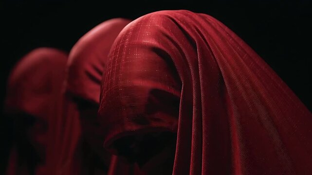 Red draped figures mystery dark cloth fabric texture shadow cover hidden secret unknown veiled hooded form