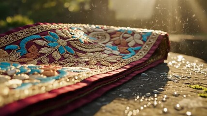 Embroidered cloth maroon  gold trim is on stone Light rays  water drops surround it Moss on the stone - Powered by Adobe