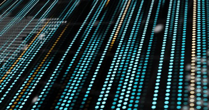 Camera shifting columns down while teal halftone map forming and code overlay showing global data - Powered by Adobe