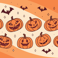 A playful Halloween illustration shows rows of cartoon jack-o'-lanterns with varied expressions on a wavy orange and cream background. Flying bats and diamond-shaped sparkles add to the festive.
