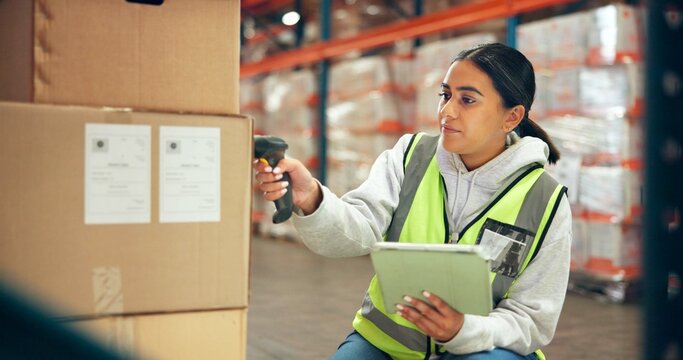Logistics, tablet or woman with box scanner in warehouse for inventory, cargo accuracy or shipping. Supply chain, picker or distribution database for stock management, storage system or parcel update