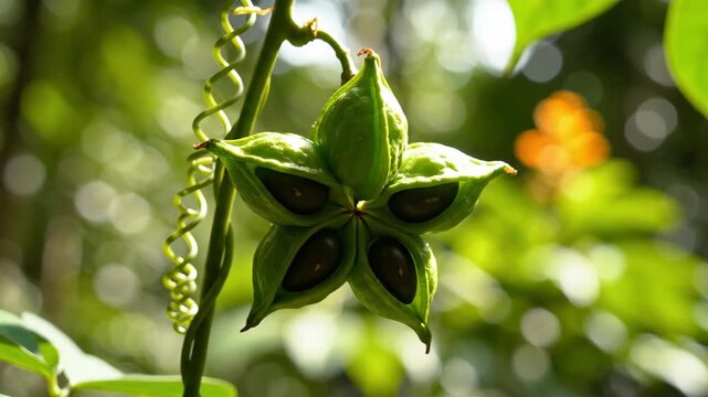 Focus on an opened Sacha Inchi seed pod revealing dark seeds entwined with a spiral tendril against a vibrant green backdrop