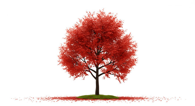Vibrant red maple tree casting fallen leaves creates a beautiful autumn nature scene outdoors