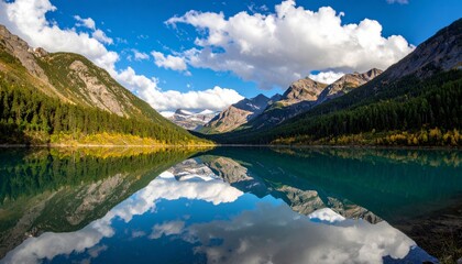 Fototapeta premium Banff National Park's Lake Louise offers a scenic landscape of turquoise water, mountain reflection, and surrounding green forest in Alberta, Canada