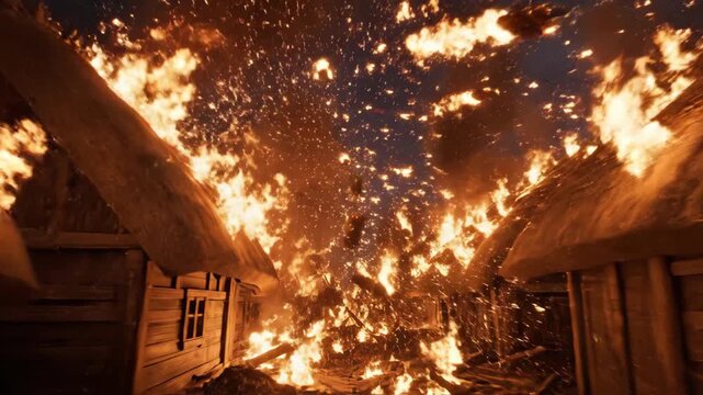 Explore the harrowing beauty of a village set ablaze at night. Flames illuminate the sky as buildings succumb to the fire, creating a dramatic and unforgettable scene of devastation.