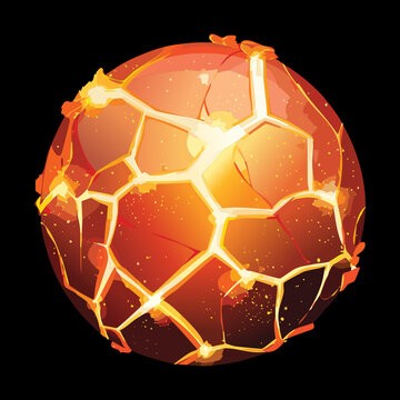 Illustration of a fiery cracked molten lava sphere or planet with glowing orange magma inside, fantasy game element design