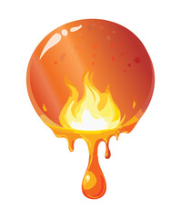 Illustration of a melting orange planet with dripping lava and a central fire ring, fantasy molten cosmic element or orb design