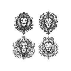 Fototapeta premium Set of four majestic illustrations featuring detailed lion heads surrounded by elaborate baroque and vintage ornamental elements, styled as ornate crests or emblems