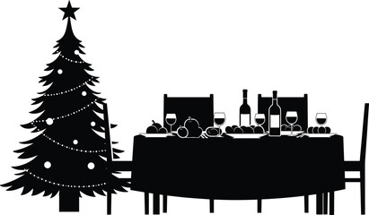 Naklejka premium Christmas celebration dining table, festive holiday dinner, decorated Christmas tree, family gathering, wine glasses, food feast, seasonal party, winter celebration