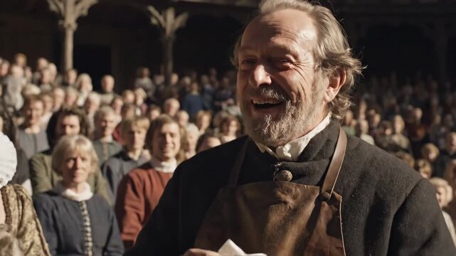 A large crowd fills an ancient theater as performers take the stage. Faces show excitement and joy as the atmosphere brims with anticipation and delight. Laughter fills the air.