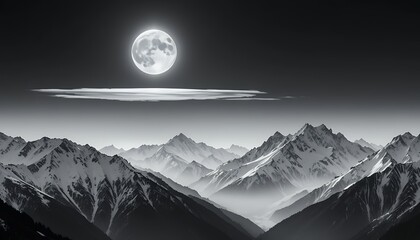 serene nighttime mountain landscape with full moon illuminating snowy peaks and misty valleys