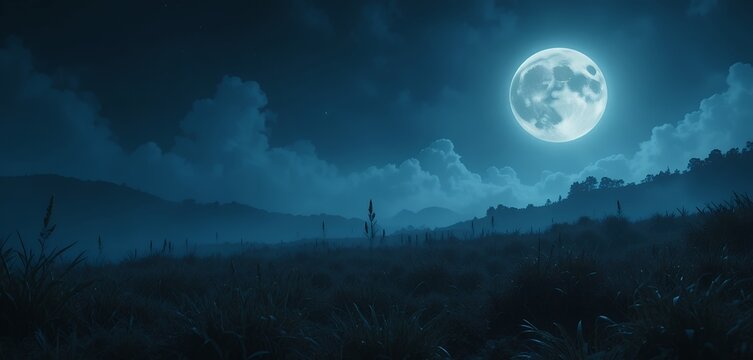 Serene nighttime landscape with full moon casting light over misty field and distant hills