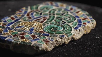 Fragment of a mosaic artifact with intricate patterns of blue red green and gold tesserae set in mortar - Powered by Adobe