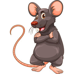 Cartoon Gray Mouse Standing Confidently With Paws Crossed On A White Transparent Background