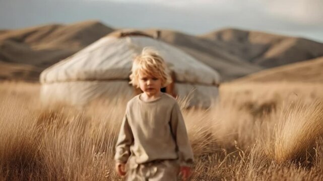 A small child walks through tall golden grass toward a round white yurt in a wide desert landscape.