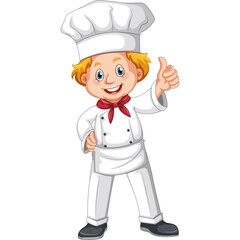 Cheerful young boy chef in white uniform and hat giving thumbs up gesture with red neck scarf smiling happily isolated on white background