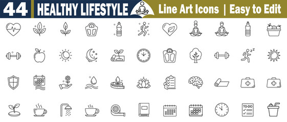 Healthy Lifestyle Icons Vector. Line Art Collection Wellness, Sport Nutrition, Fitness, Diet, Healthcare, Activity, Editable Stroke Pictogram.