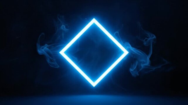 A glowing blue neon square frame surrounded by wispy smoke on a black background