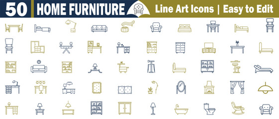 Home Furniture Vector Icons Set: Minimalist Line Art Collection for Interior Design and Home Staging. Customizable elements. 