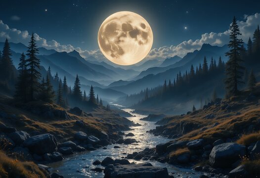 Majestic full moon illuminating a serene mountain river valley under a starry night sky with