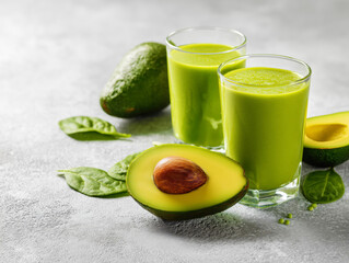 Refreshing Green Smoothie with Avocado in Clear Glasses
