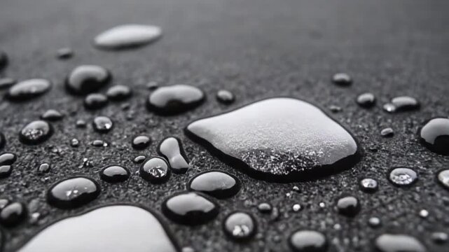 Water droplets bead on a dark, textured surface.