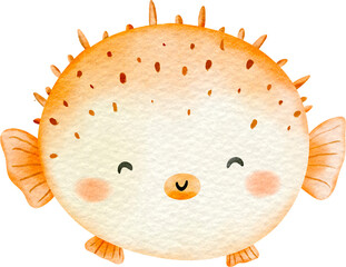 Watercolor cute pufferfish