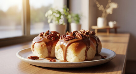 Tempting Pecan Sticky Buns Drenched in Rich Toffee Caramel Glaze, Served on a Plate by a Sunny Window for a Warm and Luxurious Breakfast