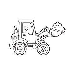 Skid steer loader coloring page. Cartoon construction vehicle outline. Heavy machinery vector illustration for kids' coloring book. Front loader line art isolated on white.

