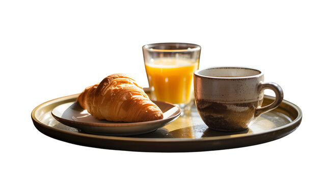 Fresh croissant orange juice and coffee on a tray bathed in morning sunlight on transparent background - Powered by Adobe