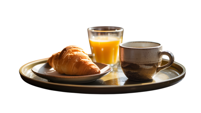 Fresh croissant orange juice and coffee on a tray bathed in morning sunlight on transparent background