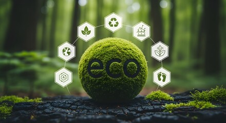 Mossy sphere with eco icons in forest ecology environment