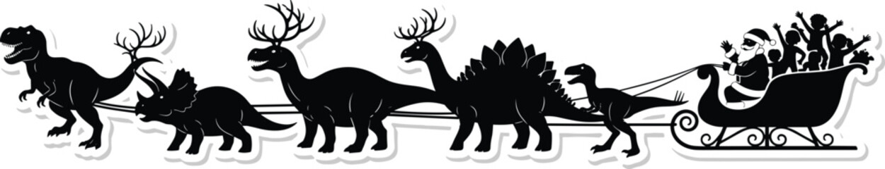 Santa Claus riding sleigh with dinosaurs, Christmas fantasy illustration, festive holiday artwork, prehistoric creatures celebration, whimsical children elves joy scene