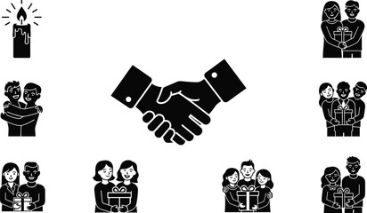 Unity handshake partnership celebration, people exchanging gifts, family togetherness, friendship support, holiday candlelight, community bonding, generosity, festive love, cooperation