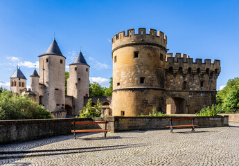 The Germans' Gate is a medieval bridge castle and city gate in Metz, France, with two round towers and two gun bastions, relic of the fortifications.