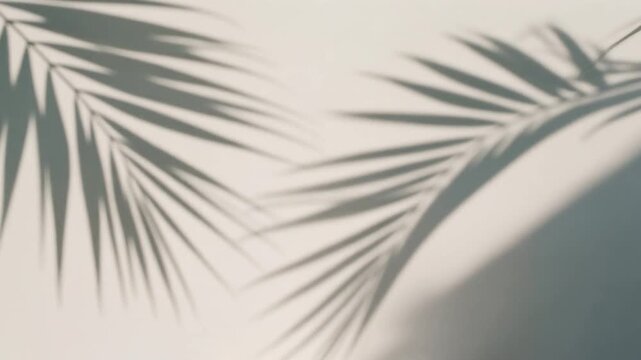 Elegant shadows of tropical palm leaves cast on a sunlit textured wall, creating a minimalist abstract pattern with graceful lines