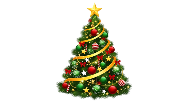 A beautifully decorated christmas tree with a golden star on top, adorned with red and green ornaments and golden ribbon, isolated on transparent background