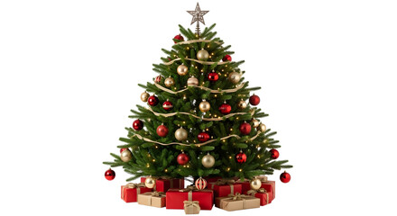 A realistic christmas tree adorned with red and gold baubles, fairy lights, and a star, surrounded by wrapped presents at its base, isolated on transparent background