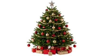 A realistic christmas tree adorned with red and gold baubles, fairy lights, and a star, surrounded by wrapped presents at its base, isolated on transparent background