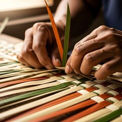 Closeup of Hands Weaving Palmyrah Mat – Traditional Craftsmanship and Cultural Art Detail