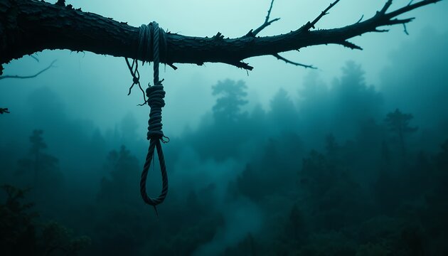 Mysterious forest scene with a hanging rope noose on a bare branch surrounded by fog