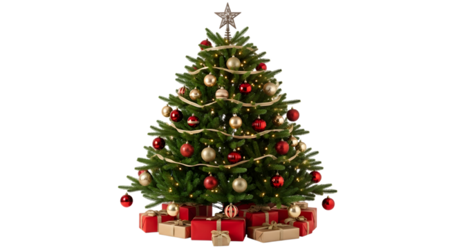 A realistic christmas tree adorned with red and gold baubles, fairy lights, and a star, surrounded by wrapped presents at its base, isolated on transparent background