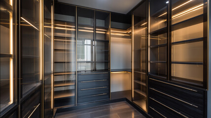 モダンでラグジュアリーなウォークインクローゼット：ガラス扉と間接照明